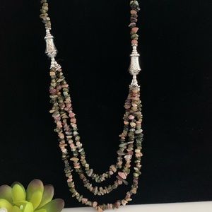 Multi-Stone Three Layered Necklace with Silver Chain and Beads